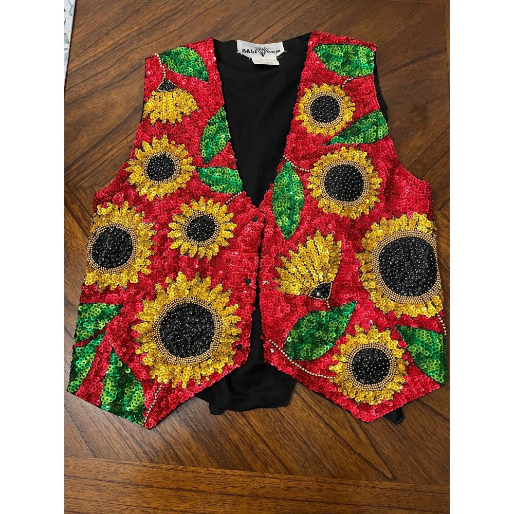 Vintage Bali Gem Sunflower Sequined Beaded Vest Costume Mardigra Summer Sz Small